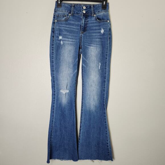 No Boundaries Junior Distressed Flare Leg Raw Hem Double Button Jeans SZ 3 Blue - Picture 1 of 11